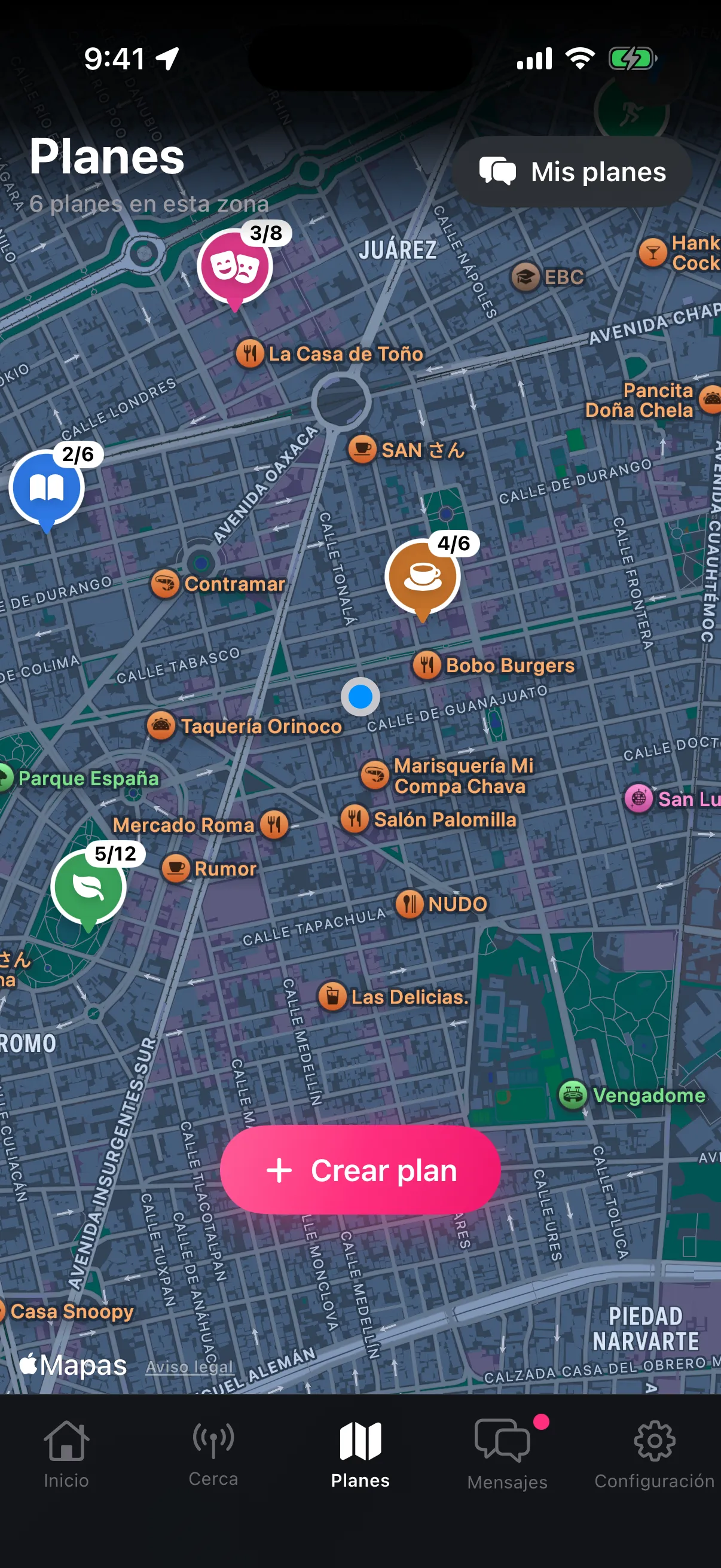 Pantalla Planes de Gisus: un mapa con planes cercanos, como un café, una rodada en bici y una expo.
